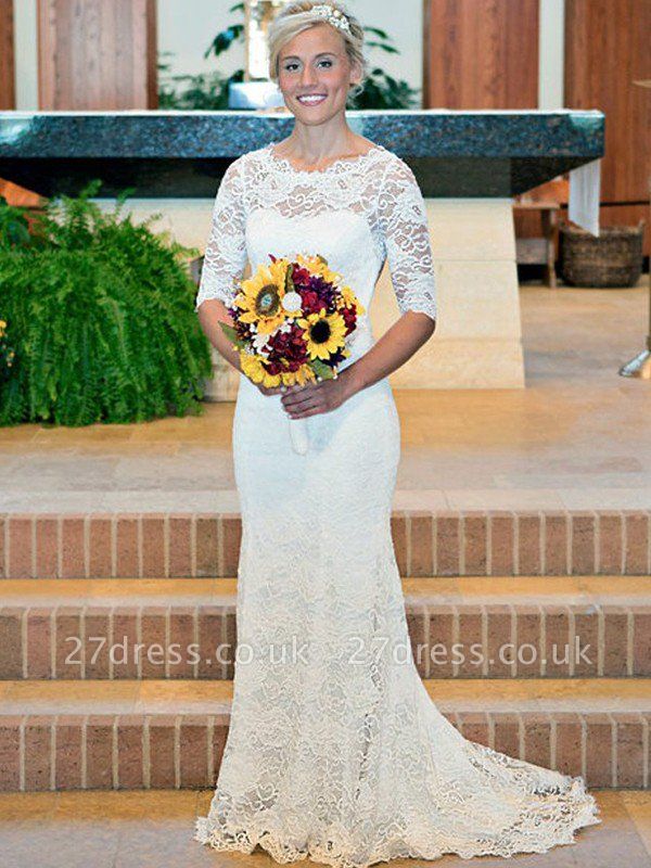 1/2 Sleeves Sweep Train Sheath Ruched Lace Scoop Neckline Wedding Dresses UK