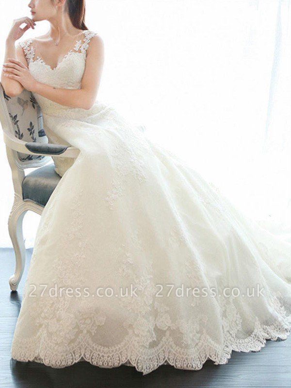 Court Train A-Line Lace  V-Neck Applique Sleeveless Wedding Dresses UK