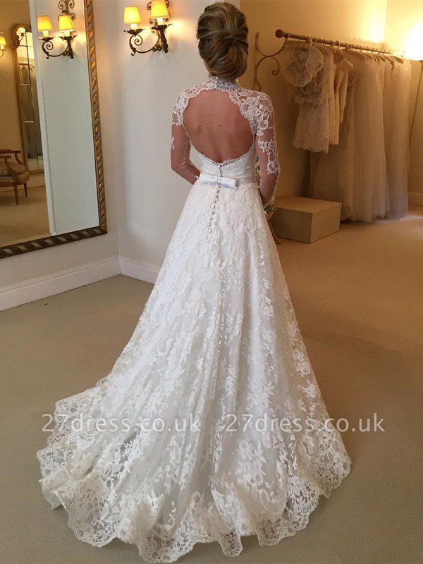 Lace High Neck Court Train Ball Gown Long Sleeves Wedding Dresses