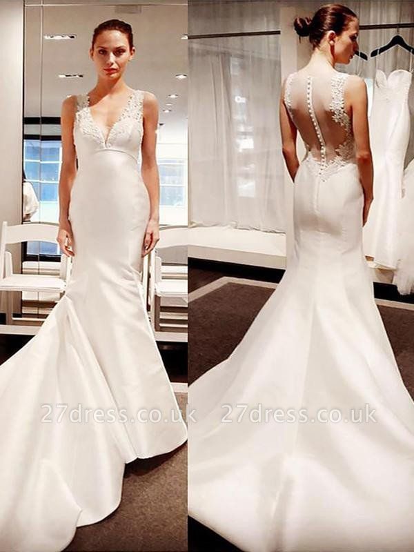 V-Neck Sexy Mermaid Court Train Satin Sleeveless Applique Wedding Dresses UK