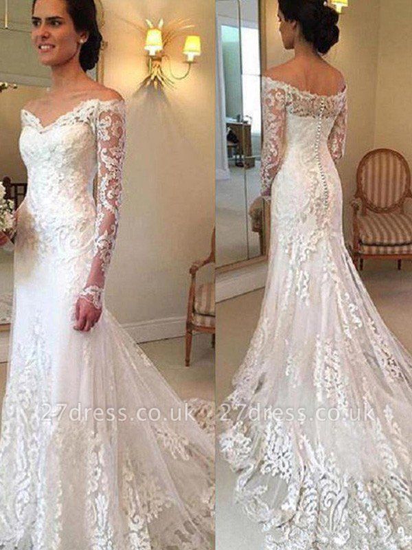 Court Train Applique Lace Sexy Mermaid Long Sleeves Off-the-Shoulder Wedding Dresses UK