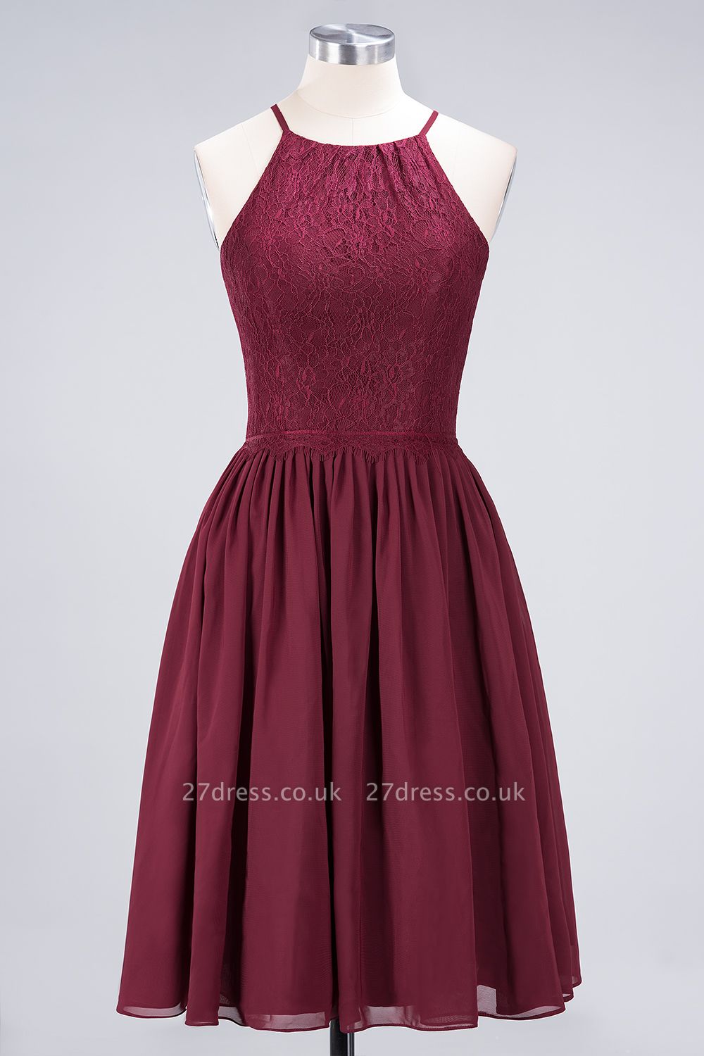 A-line Light Chiffon Lace Jewel Sleeveless Knee-Length Bridesmaid Dress UKes UK UK with Ruffles