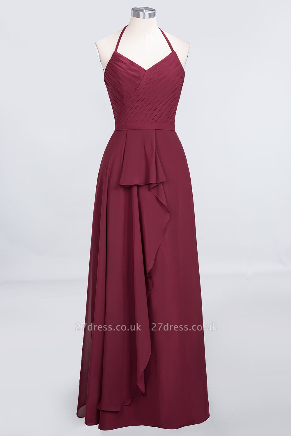 A-Line Chiffon Halter V-Neck Sleeveless Long Bridesmaid Dress UK with Ruffle