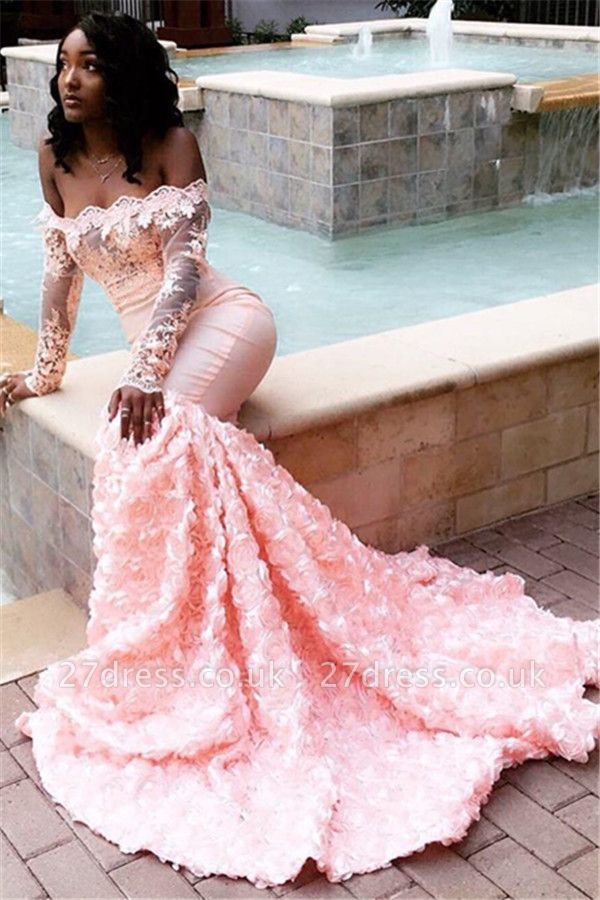 Stunning Off-the-Shoulder with Sleeves Appliques Elegant Mermaid Sweep Train Prom Dress UKes UK UK