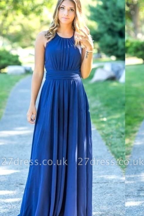 Ocean Blue Halter Chiffon Affordable Bridesmaid Dress UKes UK | A-line Backless Long Bridesmaid Dress UKes UK