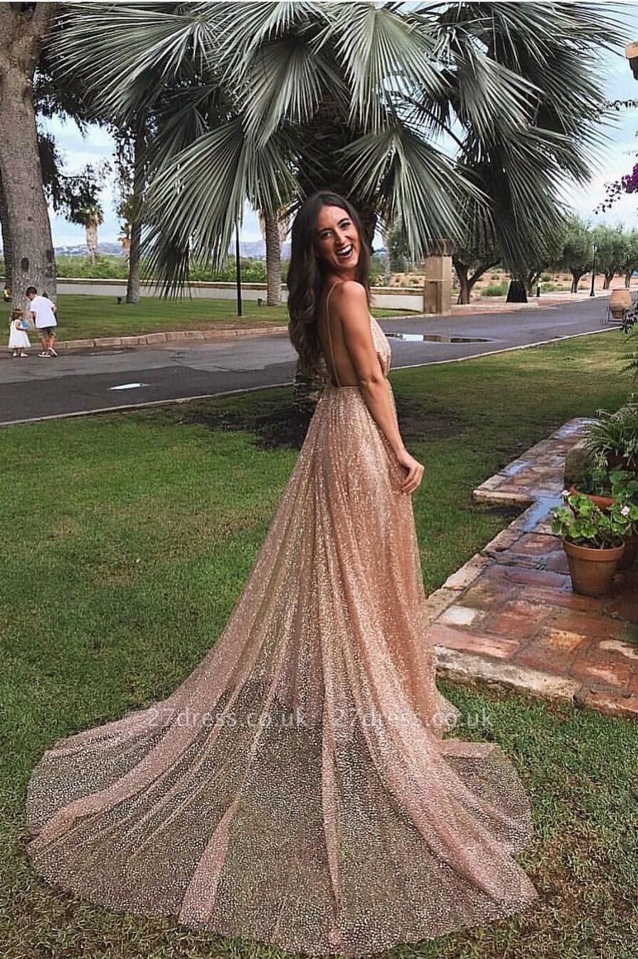 Simple Sequins A-Line Long Prom Gowns | Spaghetti Straps V-Neck Evening Dress UK