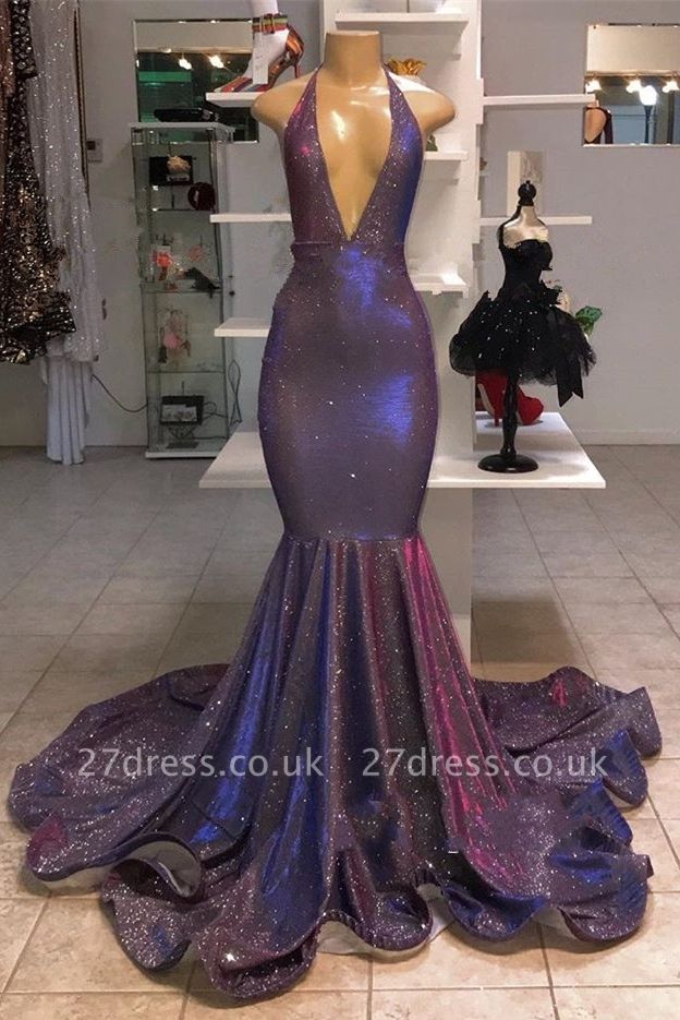 Elegant Alluring Deep V-neck Sleeveless Prom Dress UKes UK UK | Halter Memaiad Sequins Evening Dress UKes UK