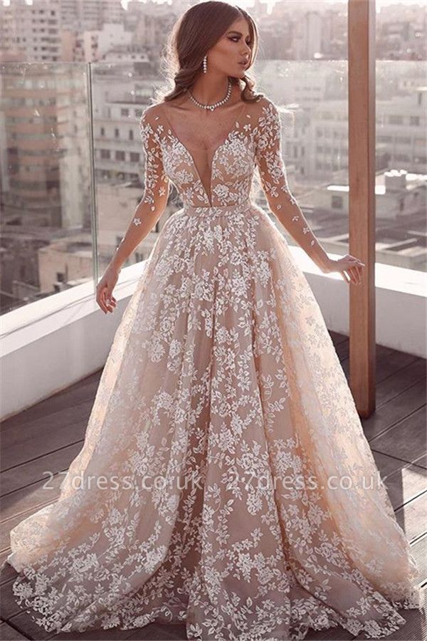 Elegant Lace Applique Wedding Dresses UK Long Sleeves Floral Bridal Gowns 27dress co uk