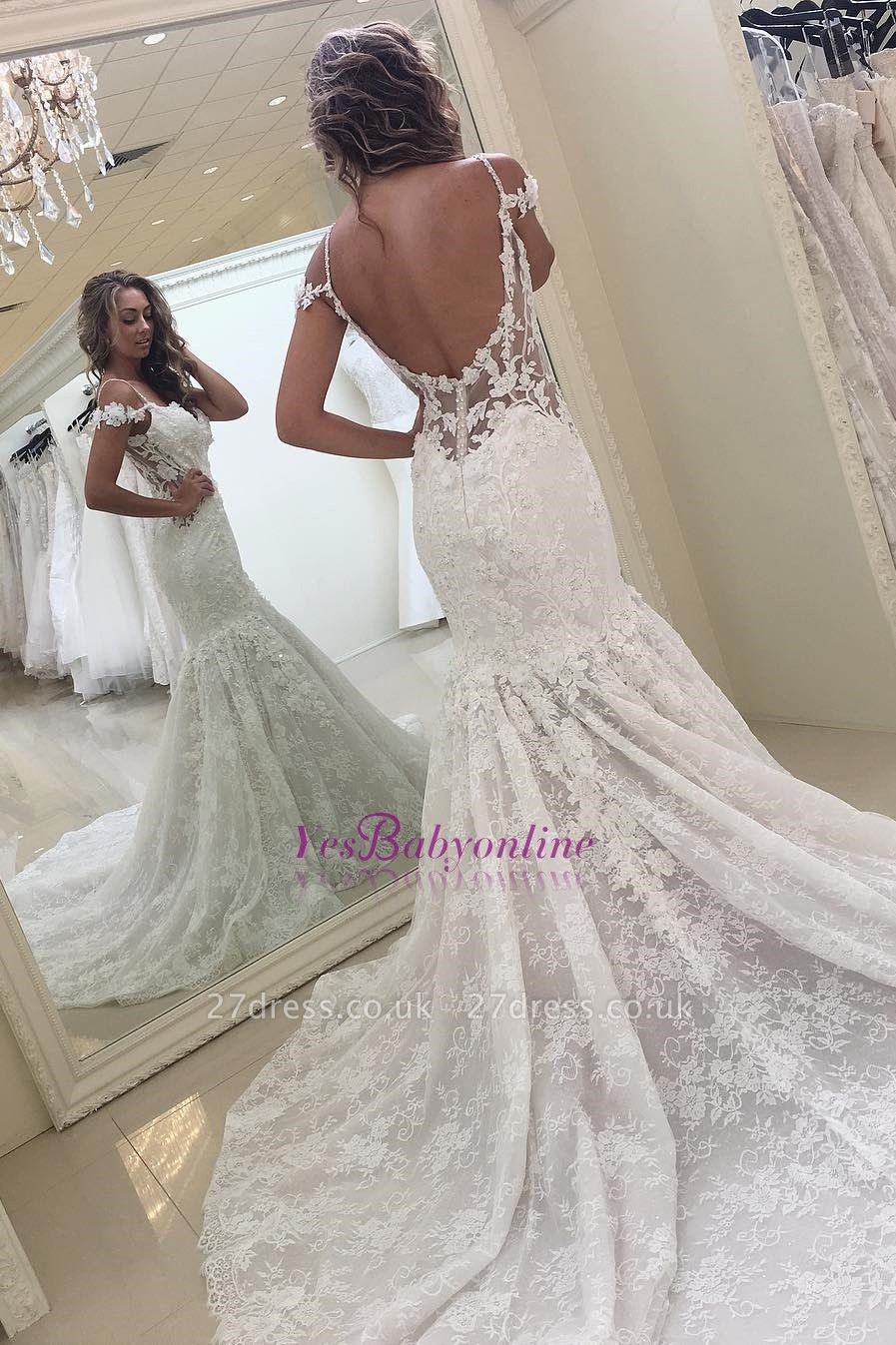 White Mermaid Off the shoulder Lace Modern Wedding Dress 27dress