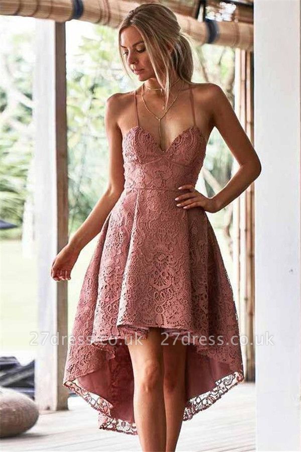 Hi Lo Lace Spaghetti Straps Formal Dresses V Neck Short Evening Dress UK