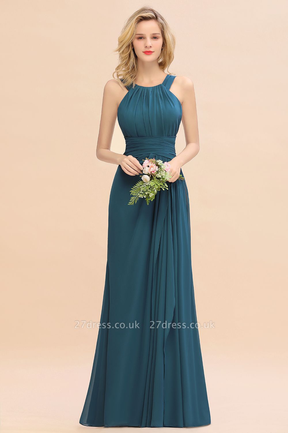 Elegant Halter Ruched Chiffon Bridesmaid Dress Floor Length Wedding Guest Dress