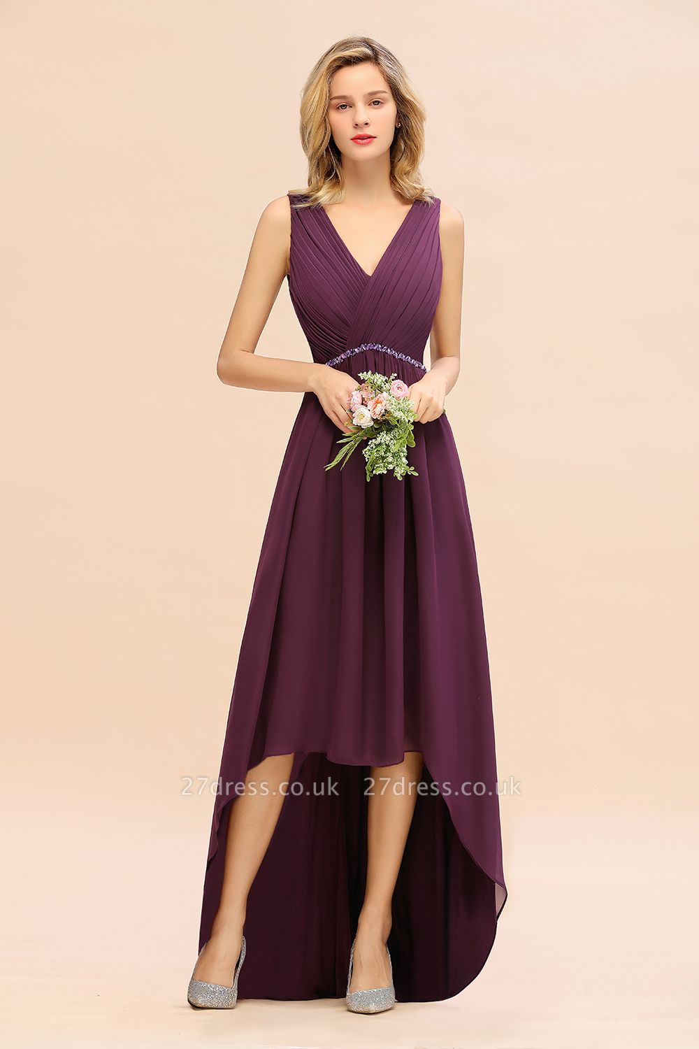 Elegant Grape Hi-Lo Chiffon Bridesmaid Dress with Beadings Sash