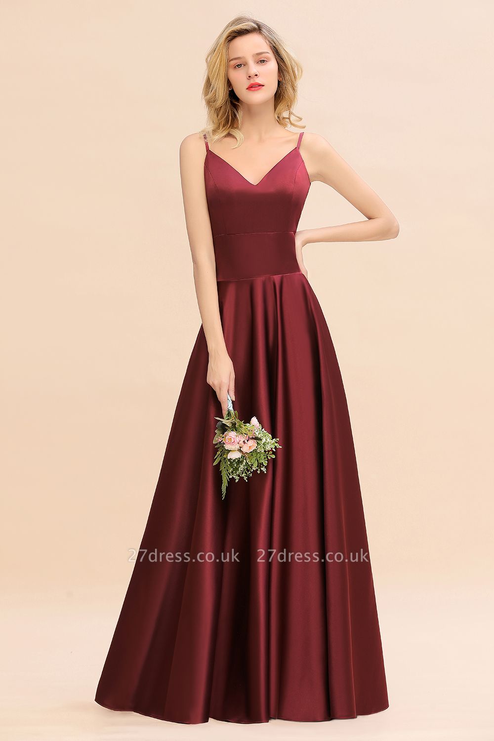 Spaghetti Straps Burgundy Satin Long Bridesmaid Dress Simple V-Neck Party Dress