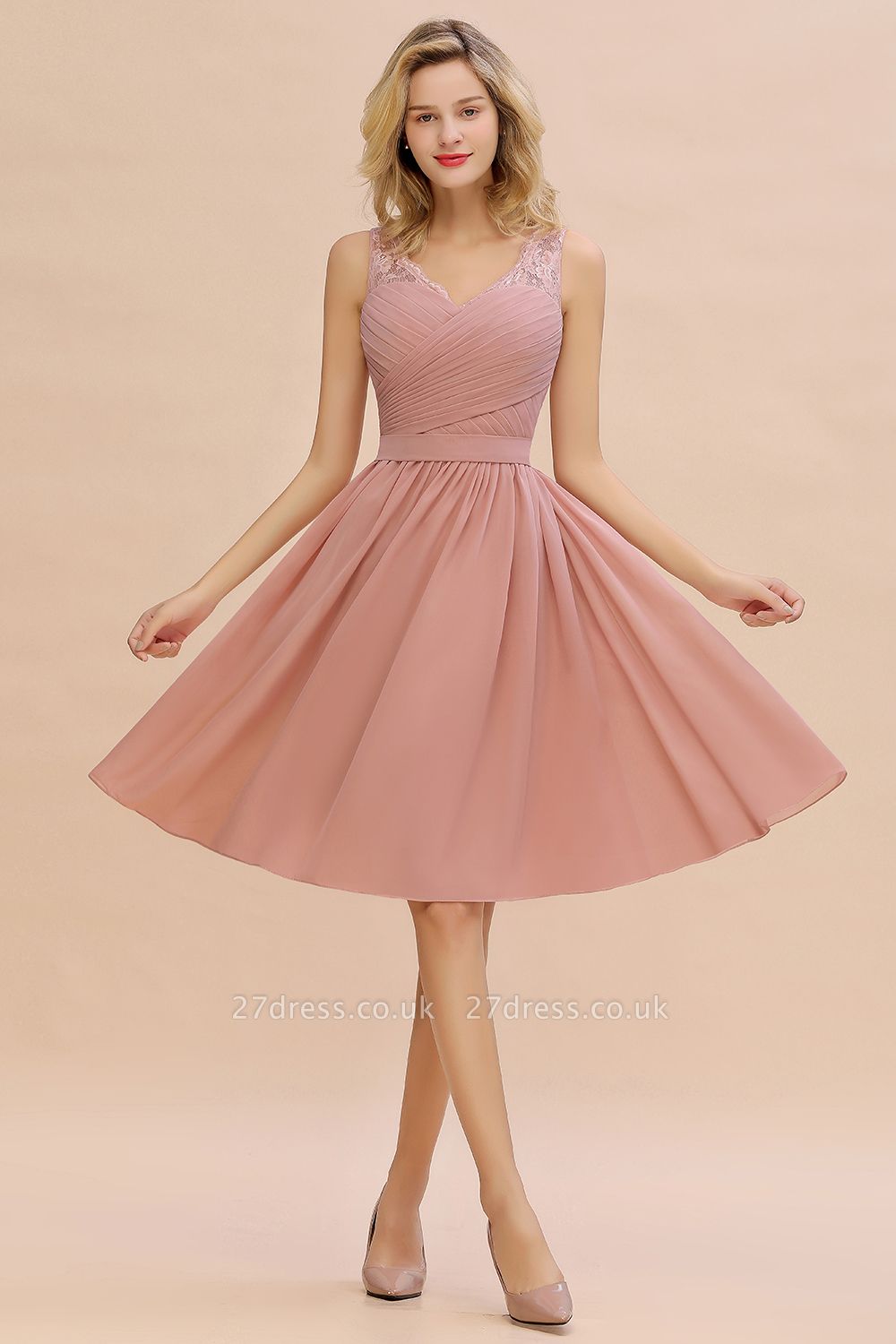 Lace Short Homecoming Dresses with Belt |  Sleeveless Pink Party Dress UK