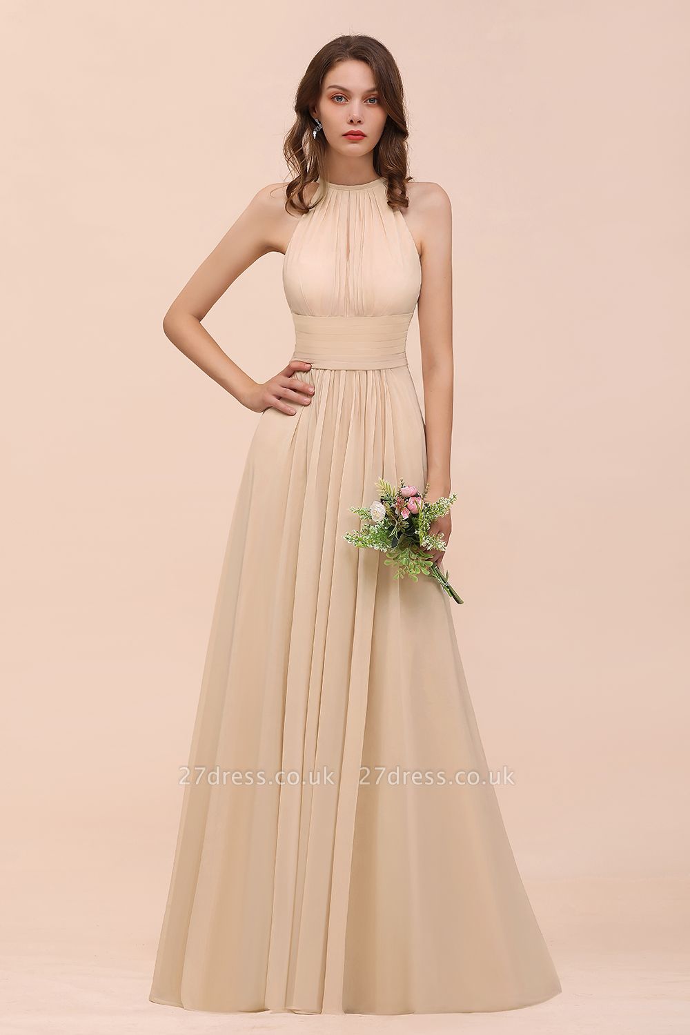 Halter Champagne Ruffle Chiffon Bridesmaid Dress A-line Wedding Guest Dress