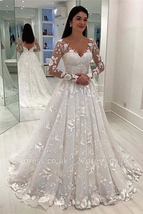 V neck applique outlet wedding dress