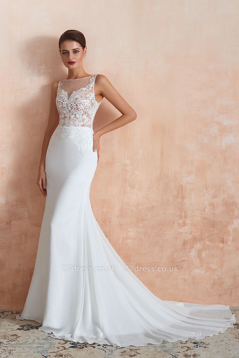 White Illusion neck Mermaid Wedding Dress Sleeveless High Neck