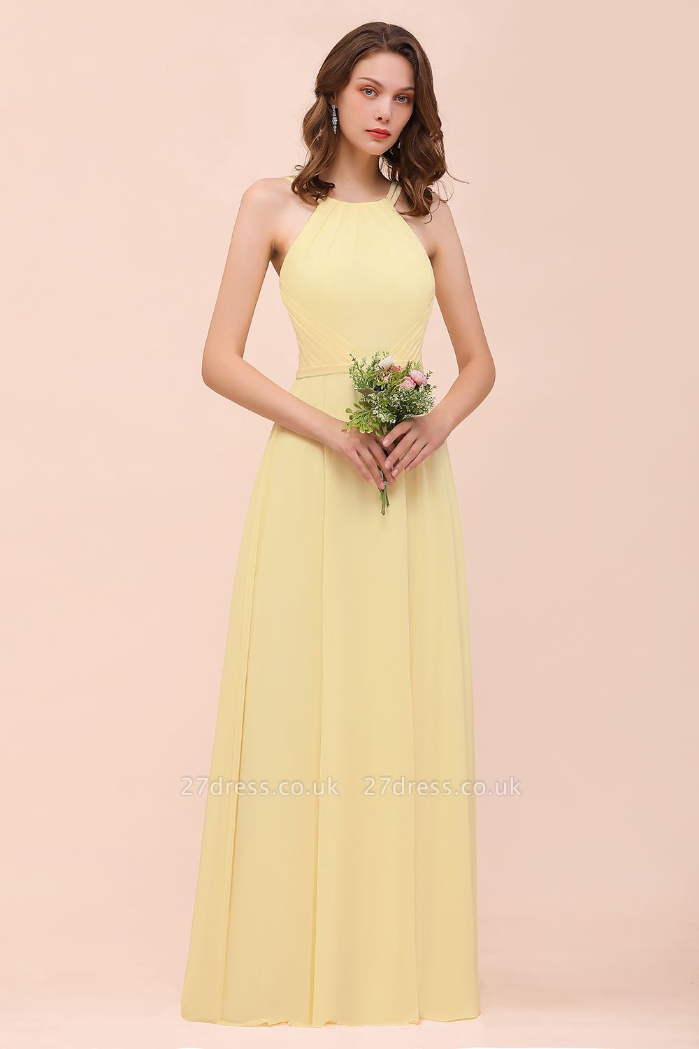 Stylish Halter Daffodil Chiffon Sleeveless Long Bridesmaid Dress