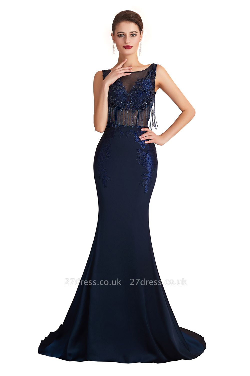 Gorgeous Jewel Neck Navy Beadings Mermaid Evening Gown Sparkle Sequins Long Prom Dresses with Tassels