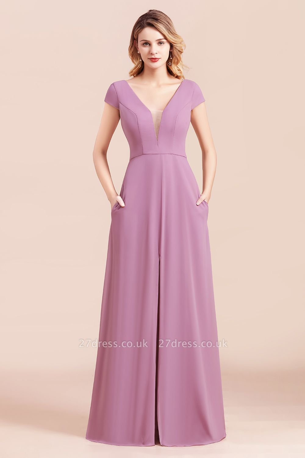 Glamorous Wisteria V-Neck Sleeveless Chiffon Bridesmaid Dress with Pockets