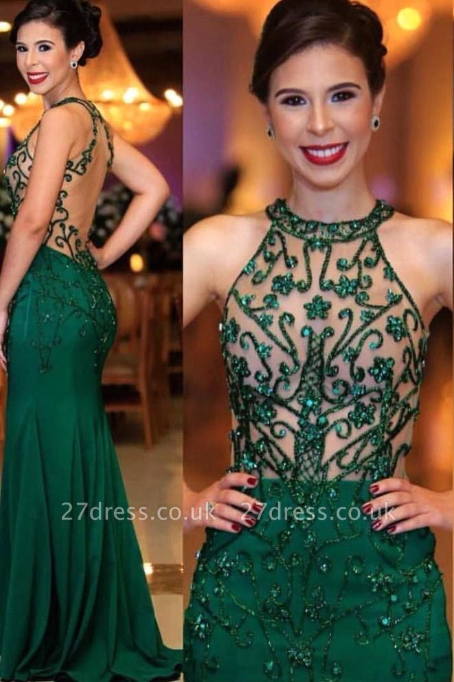 Halter illusion Crystal Beading Sheath Floor Length UK Evening Dresses