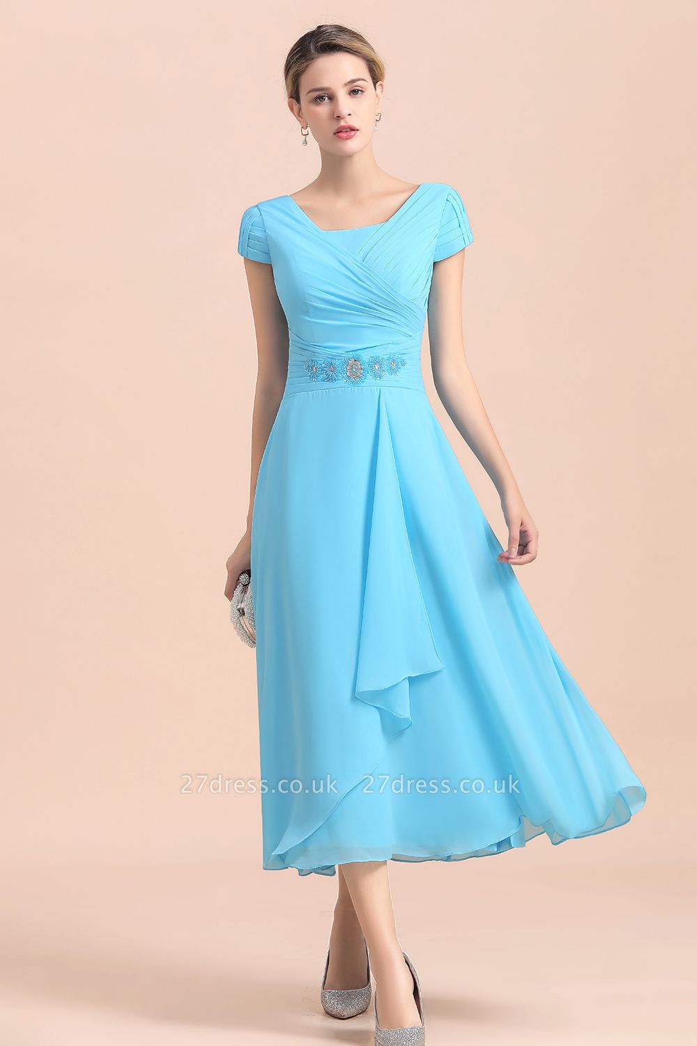 Blue Short Sleeves Chiffon Tea-Length Weddig Guest Dress