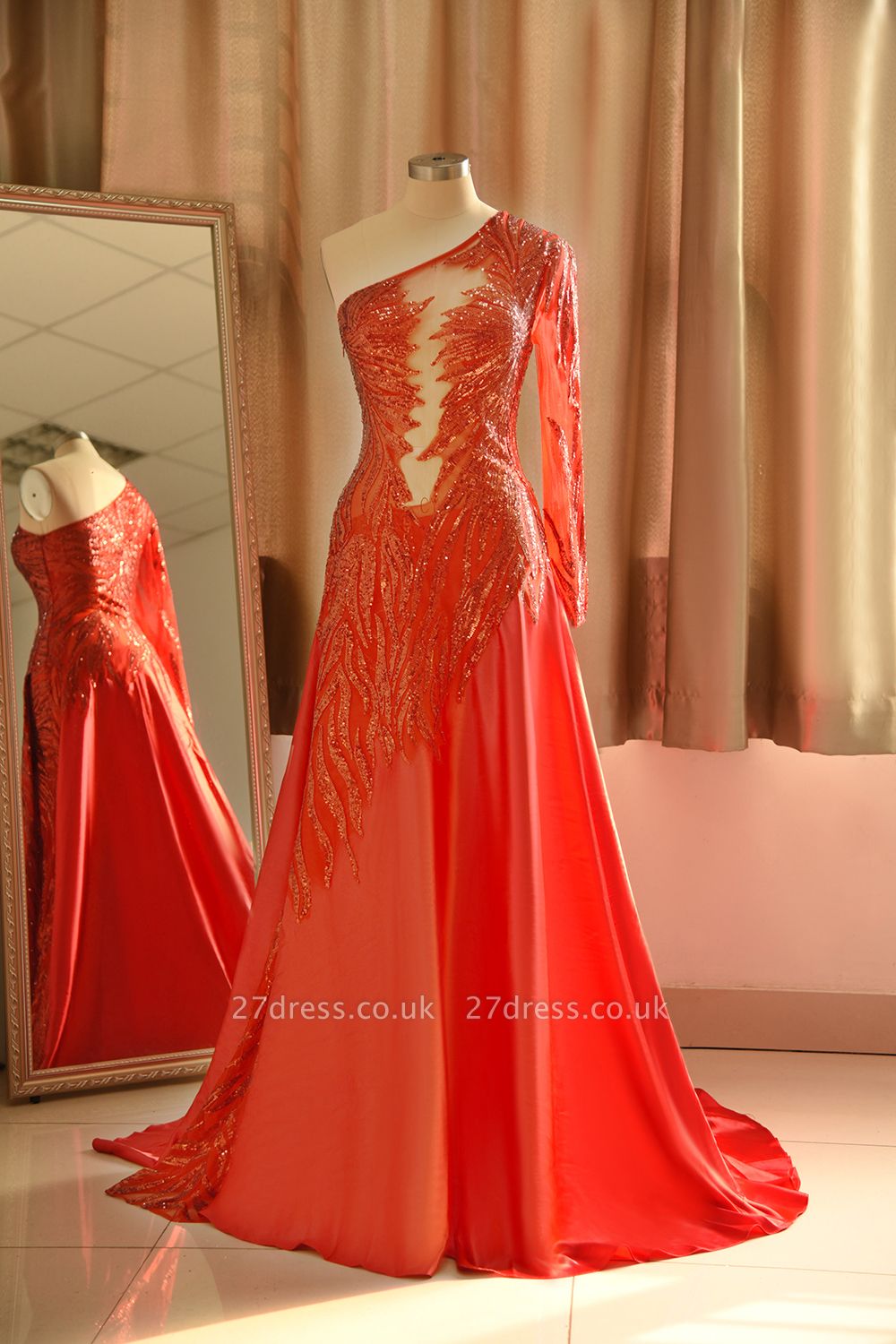 One Shoulder Long Sleeves Mermaid Prom Dress Red Sequins Party Dress