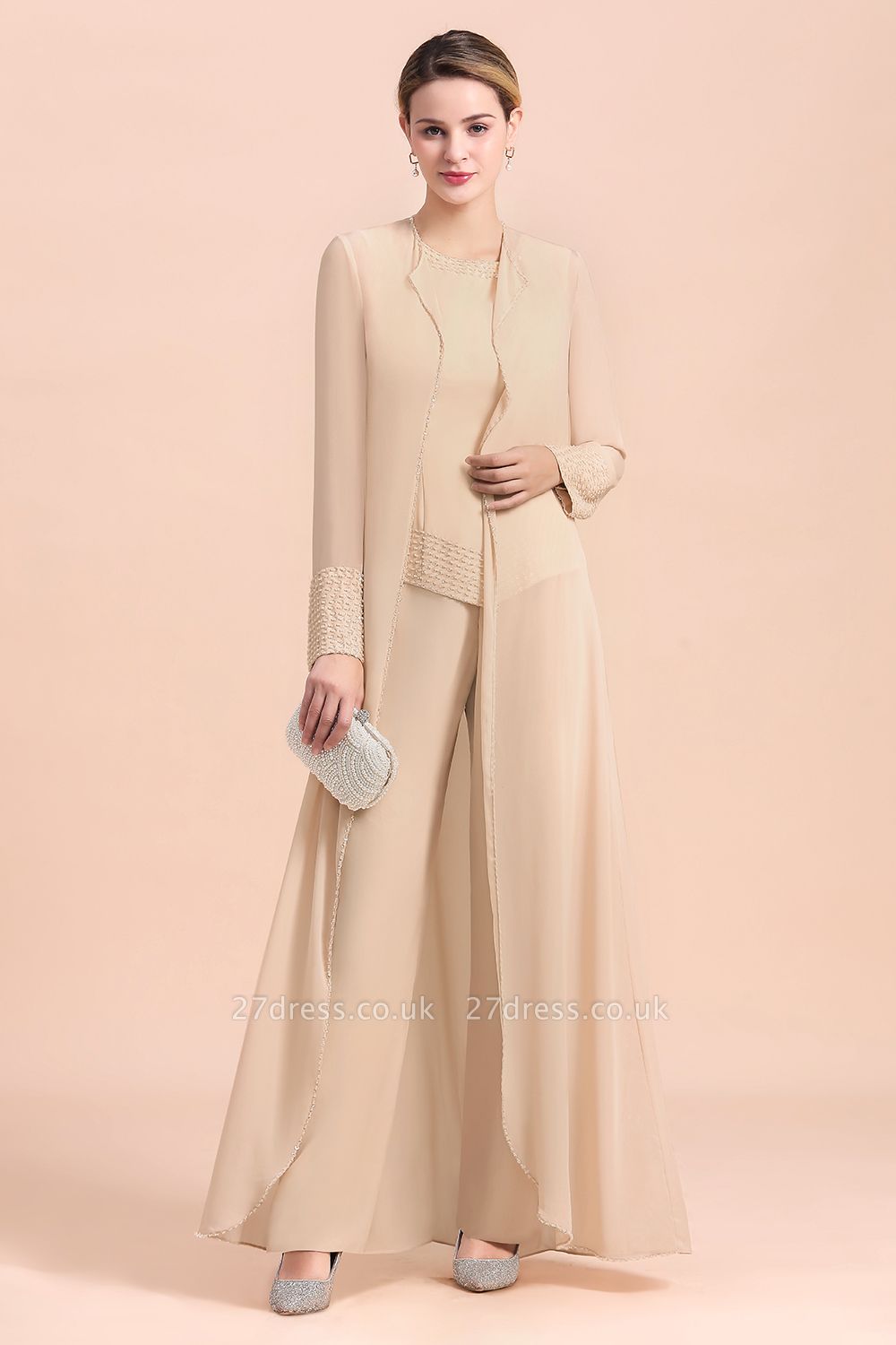 Champagne Long Chiffon Mother of the Bride Dress Three Pieces With Beadings