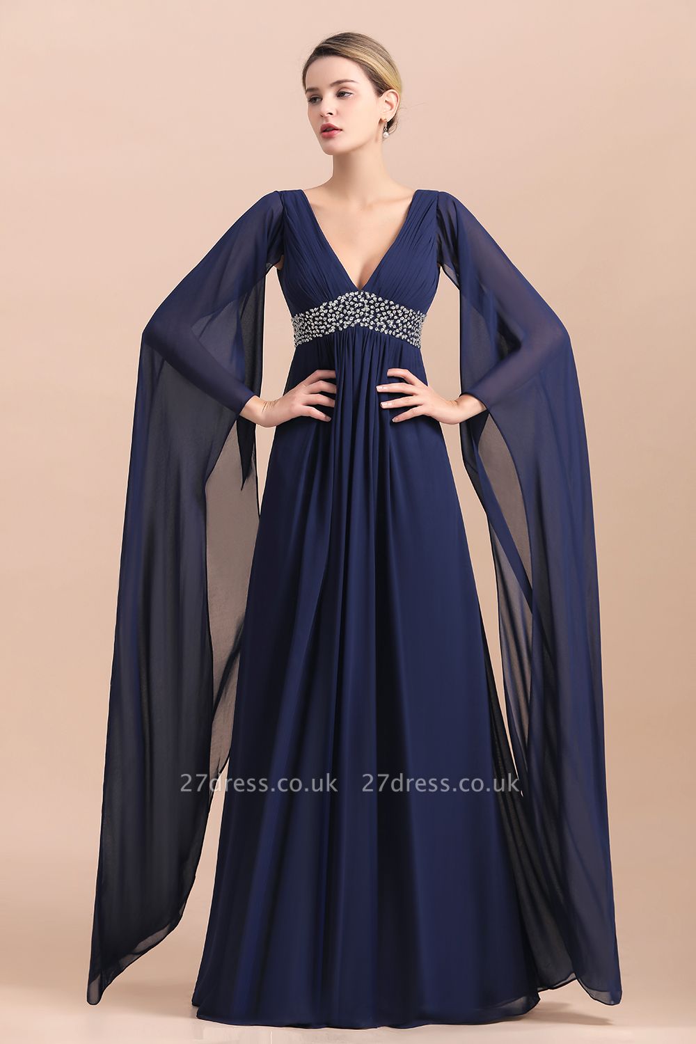 Navy Long Sleeve Ruffles Chiffon Mother Of the Bride Dresses