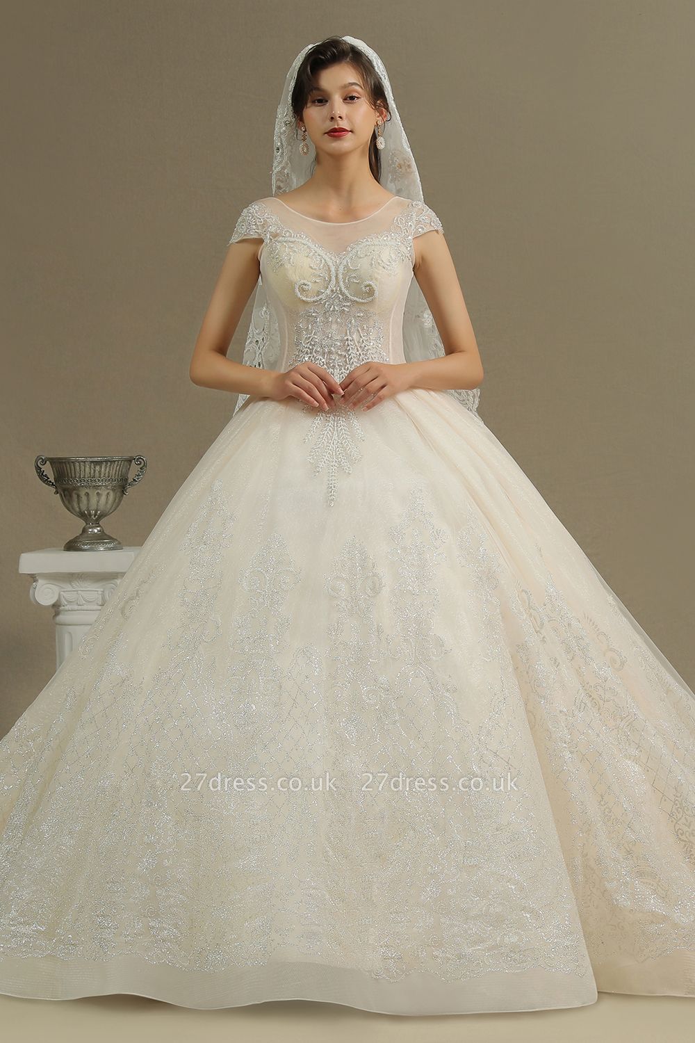 Cap Sleeve Aline Cathedral wedding dress Tulle Lace Appliques Garden Bridal Gown