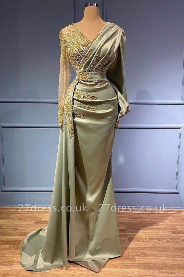 Elegant Satin V-neck Beads Long Sleeves Mermaid Evening Dress with Appliques