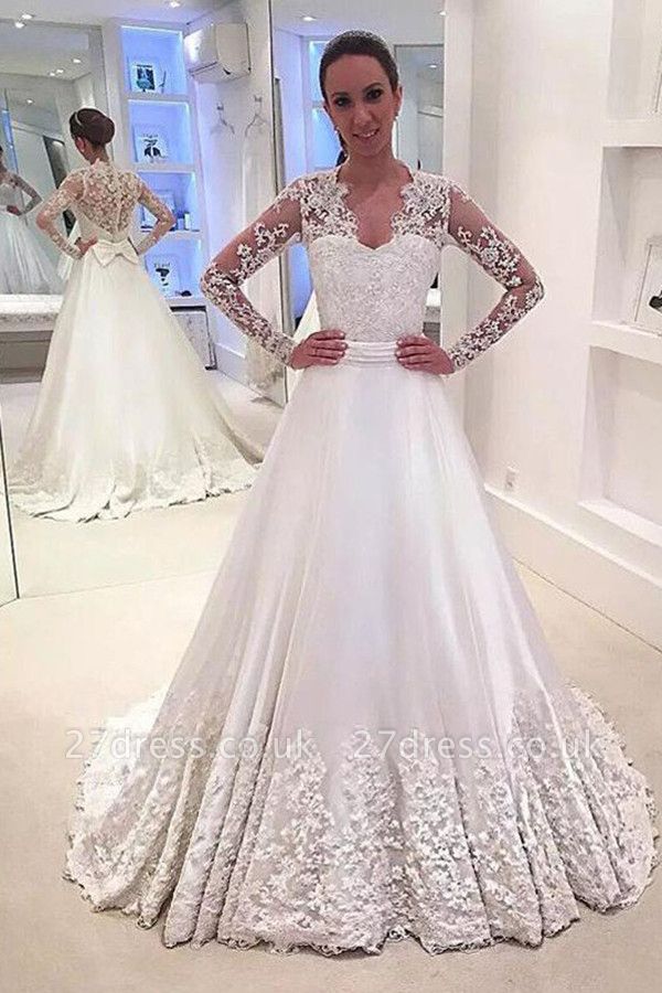 V-Neck Satin A-Line Sweep Train Long Sleeves Wedding Dresses UK