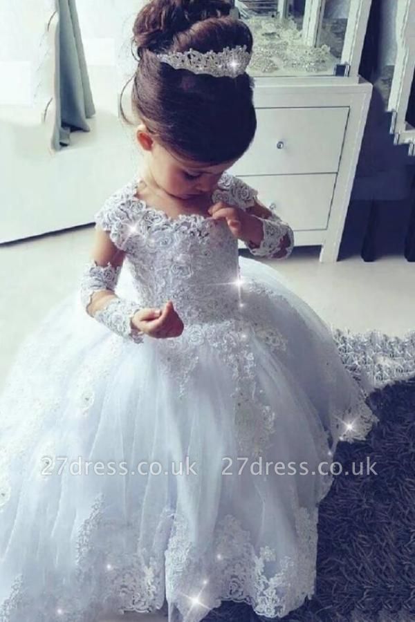 Long Sleeves White Tulle Lace Flower Girl Dress for Weddings