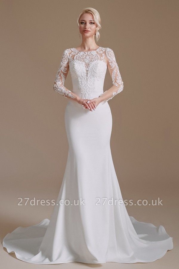 Long Sleeves Wedding Dress mermaid White Crew Neck Floral lace Bridal Dress