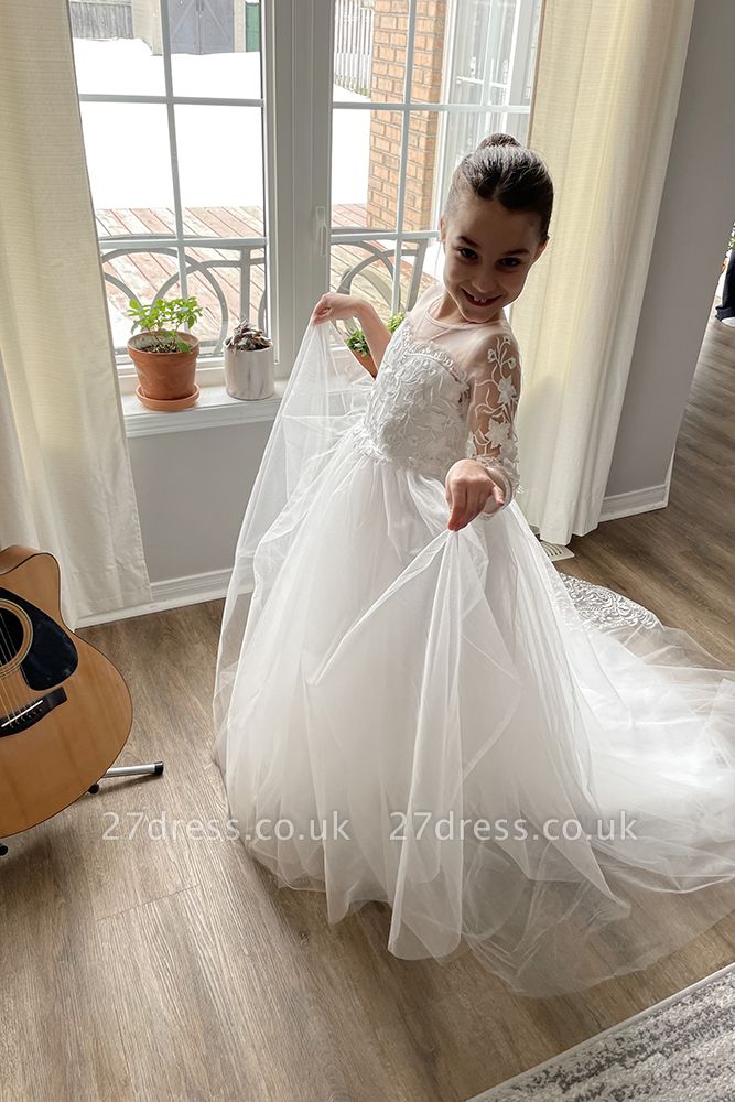 Cute Long Boho Lace Flower Girl Dresses with sleeves