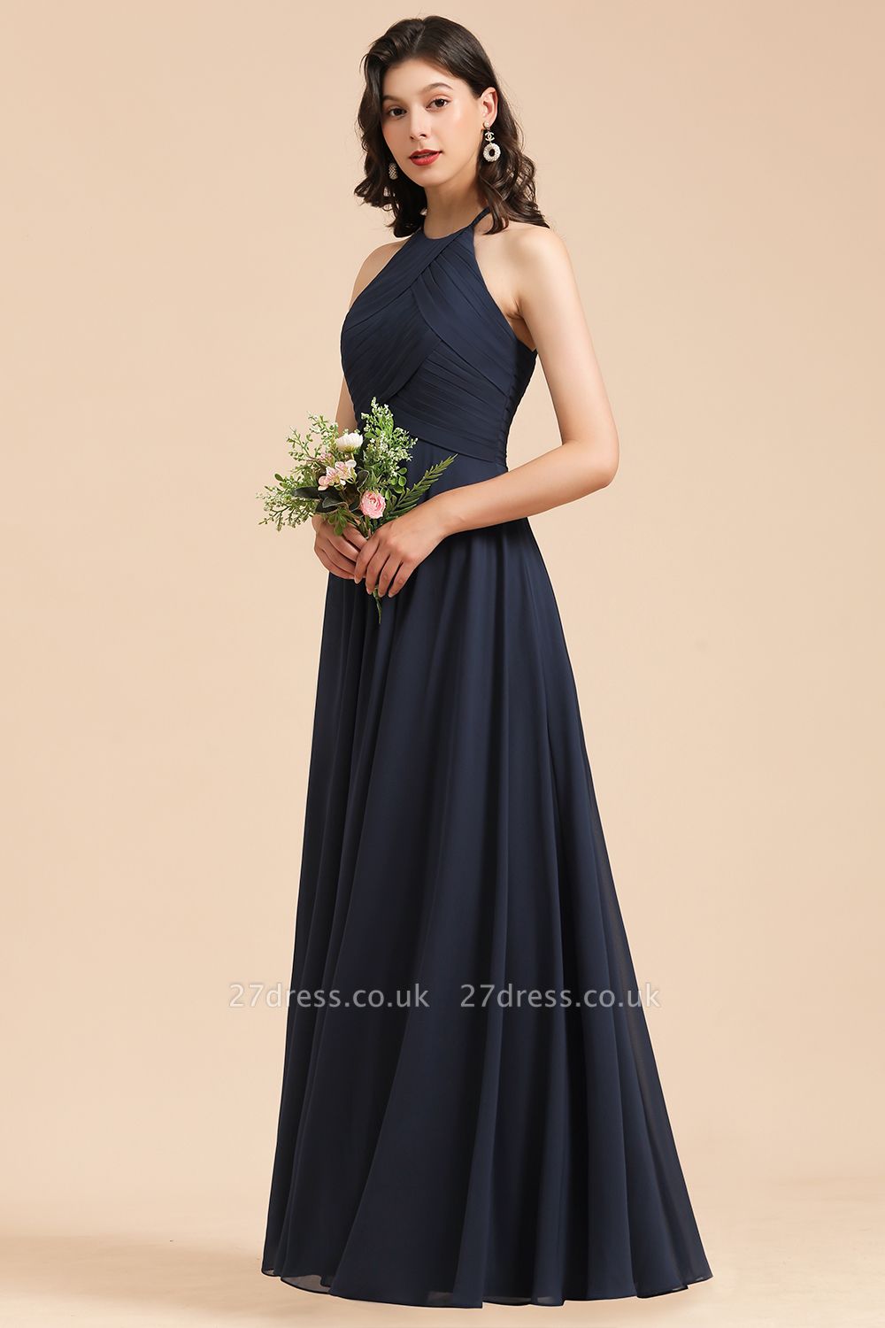 Halter Chiffon Long Bridesmaid Dress Sleeveless Pleated Wedding Guest Dress