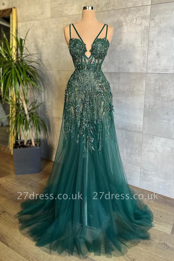 Chic Dark Green Sweetheart Long Evening Dress Tulle Lace Formal Dress