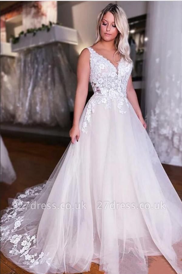 Elegant V-Neck Floral Lace Wedding Dress Sleeveless Tulle Bridal Dress