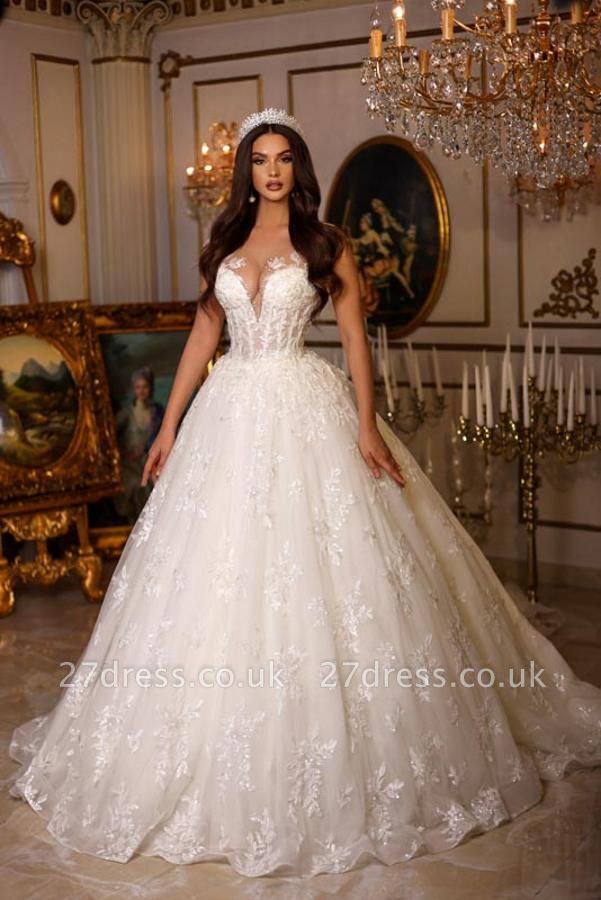 Gorgeous White Aline Wedding Dress Tulle Floral Lace Bridal Gowns