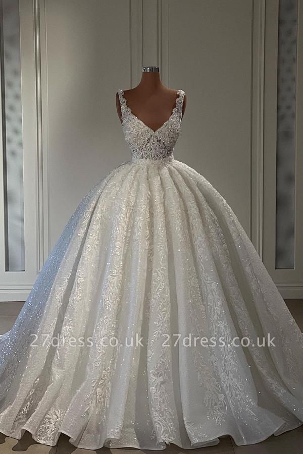 Luxury Sparkly Sequins Ball Gown Wedding Dresses Sleeveless Sweetheart Floral Lace Appliques