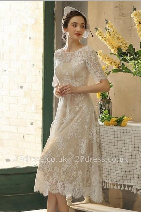 Beautiful Scoop Neck Lace Aline Wedding Dress Ankle Length Bridal Dress with Half Sleeves