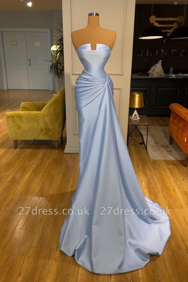 Strapless Ruched Satin Long Prom Dress with Side Sweep Train