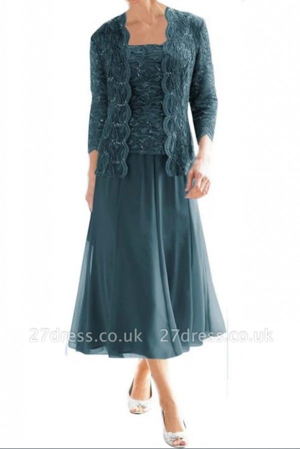 Long Sleeves Lace 3 Piece Mother of the Bride Outfit Tea Length Wedding Guest Dresses