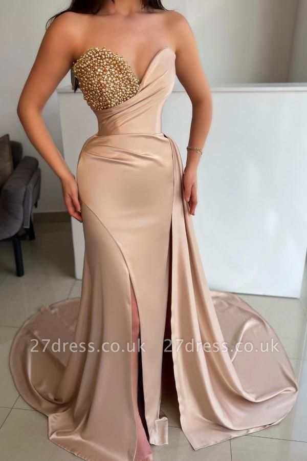 Strapless V-Neck Satin Pearls Long Prom Dress with Train