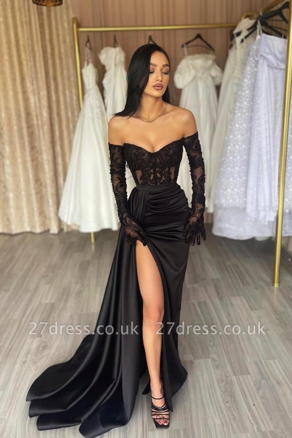 Off Shoulder Long Sleeves Black Satin Mermaid Evening Dress Side Slit Lace Long Prom Dress 27dress