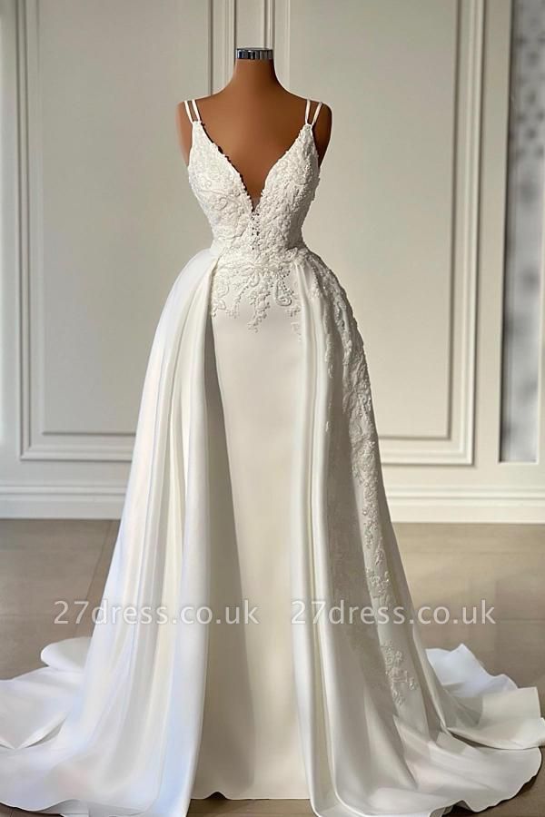 Gorgeous V-Neck White Mermaid Wedding Dress with Lace Appliques Sleeveless Floor Length Bridal Gown with Train