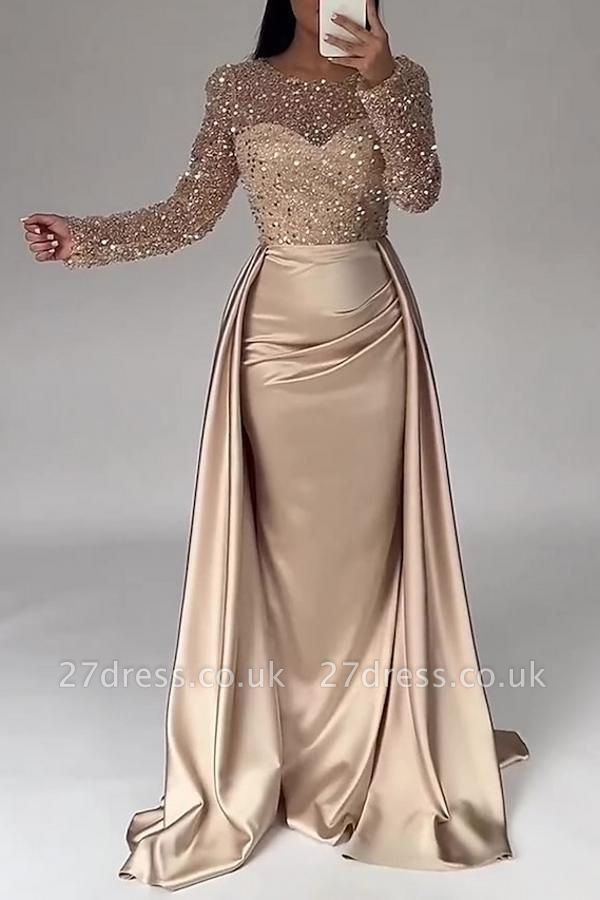 Stunning Jewel Neck Satin Mermaid Prom Dress with Sweep Train Long Sleeves Sequins Evening Dress