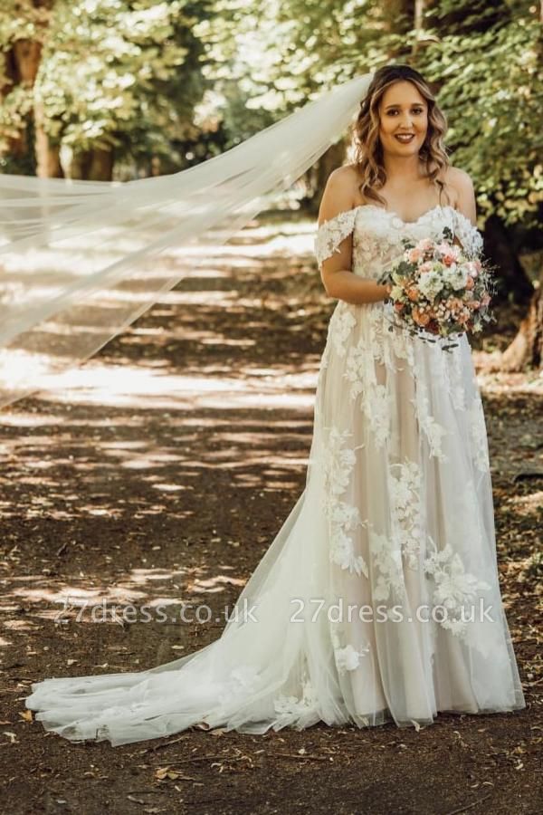 Gorgeous Off-the-Shoulder White Tulle Bridal Dress Flower Appliques Aline Wedding Dresses