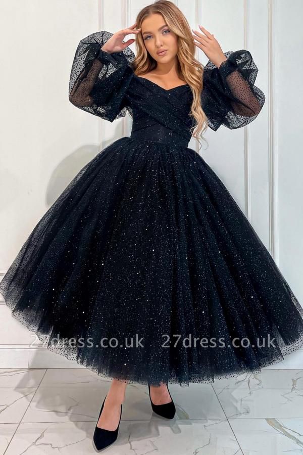 Vintage Black Glitter Sequins Ankle Evening Dress Aline Party Wear Dress with Puffy Sleeves