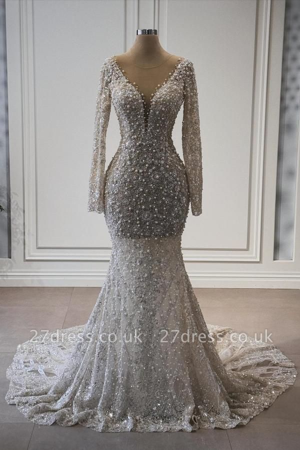 Gorgeous Long Sleeves Mermaid Evening Gown V-Neck Pearls Wedding Dress